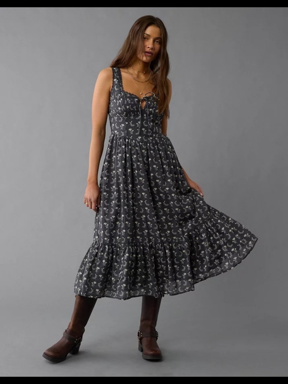 American Eagle Corset Floral Tie-Front Midi Dress in Dark Blue - Picture 7 of 10